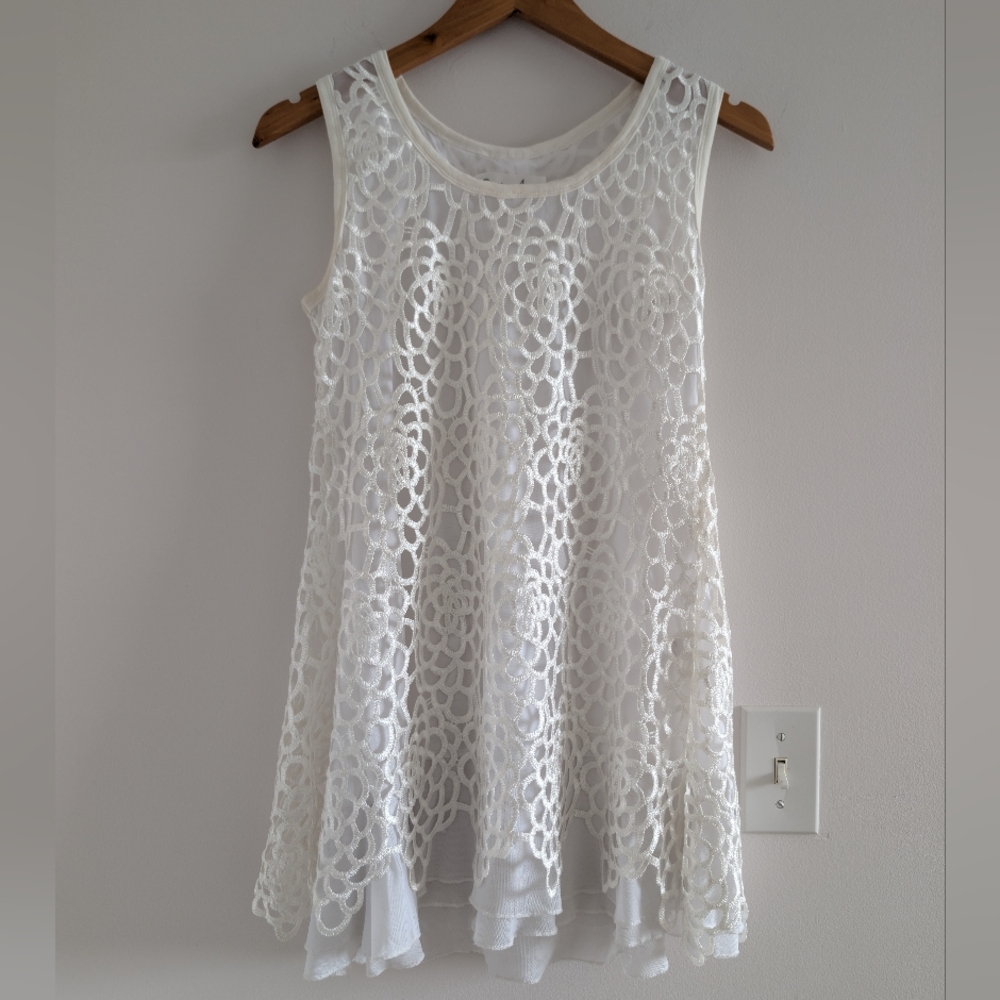 Women's White Lace Silk Overlay Tank Dress